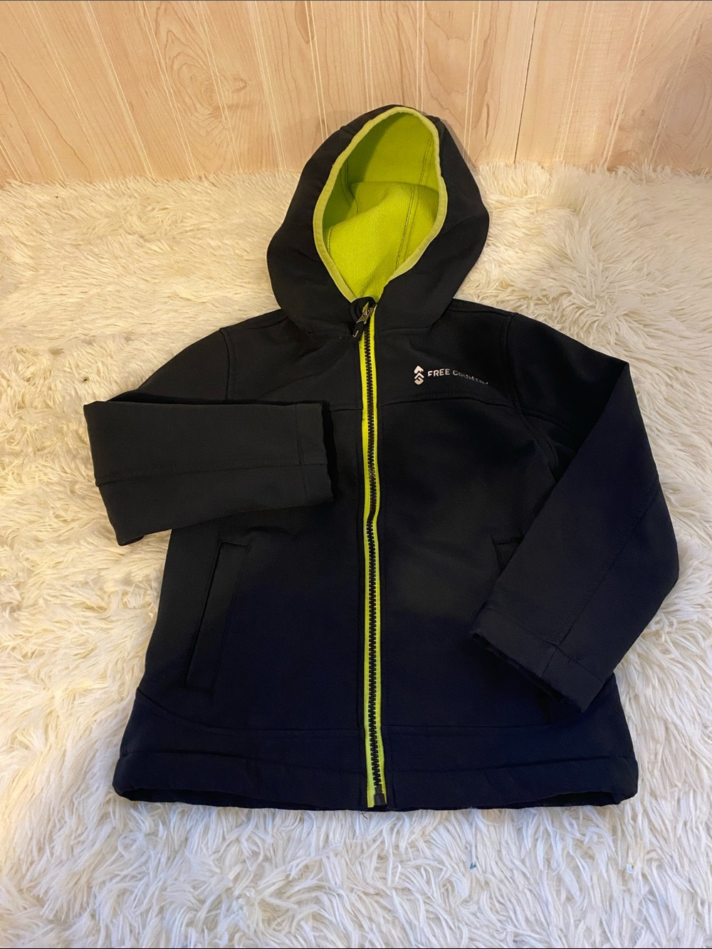 Free Country Kids Black Jacket with Lime Green Hood and Zipper